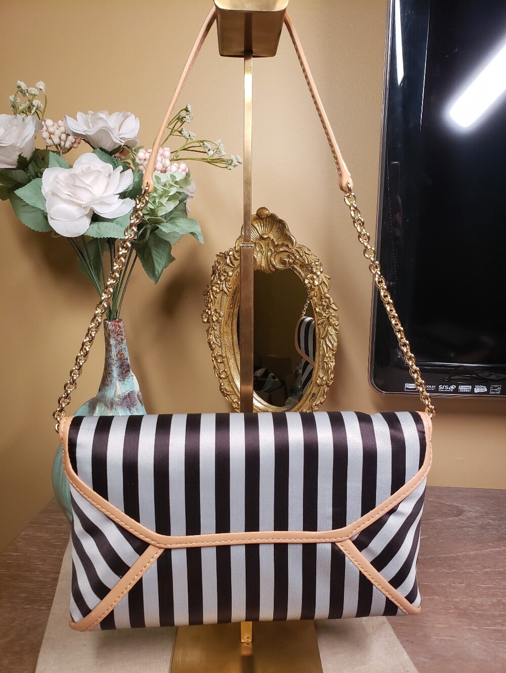 henri bendel Signature West 57 Striped Chain Crossbody w/ Tan Leather Trim NWT! - Picture 8 of 10